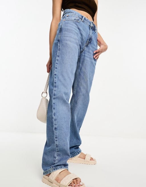 Pull&Bear - Co-ord set van denim korset en jeans met rechte pijpen in medium blauw