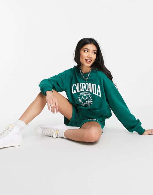Pull&Bear - Co-ord set van sweatshirt met logo en short in groen