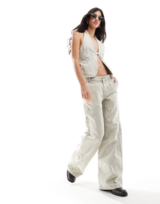 Pull&Bear - Coordinato con jeans e top allacciato al collo in denim lavaggio pietra