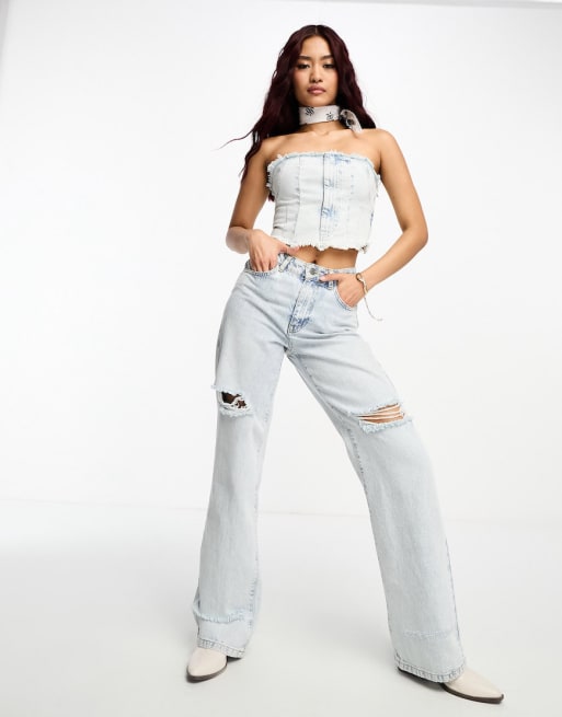 Pull&Bear corset and wide leg jeans set in bleached blue