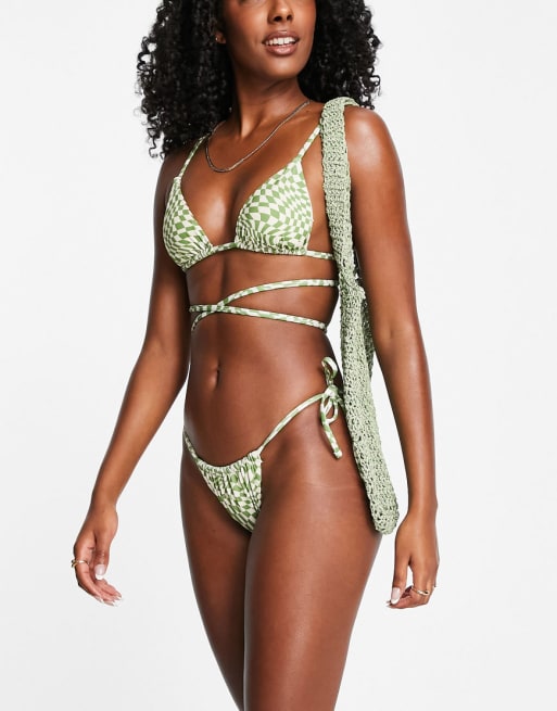 Pull Bear cross front bikini top and bottoms in green ASOS