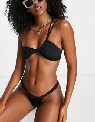 Pull&Bear cross front one shoulder bikini top and bottoms co-ord in black