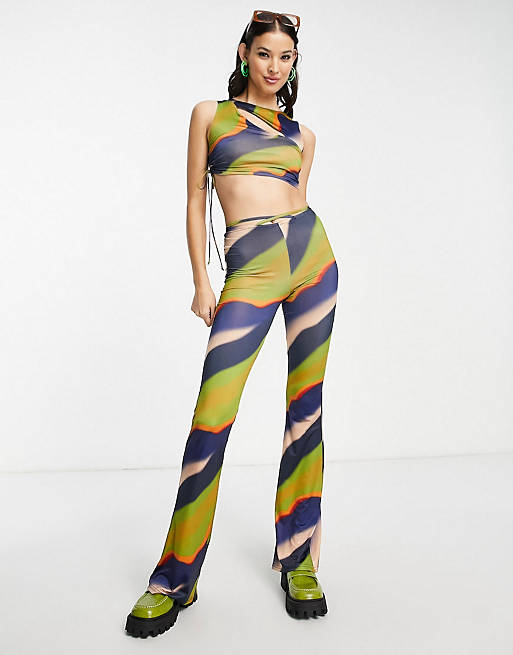 Pull&Bear cut out marble print top and pants set in green