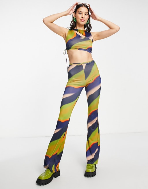 Pull&Bear cut out marble print top and trouser co-ord in green