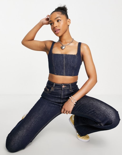 Pull&Bear - Denim co-ord set van cropped top en jeans met rechte pijpen in blauw