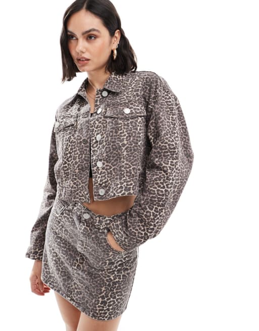 Pull&Bear denim Refresh jacket and skirt co-ord in leopard print