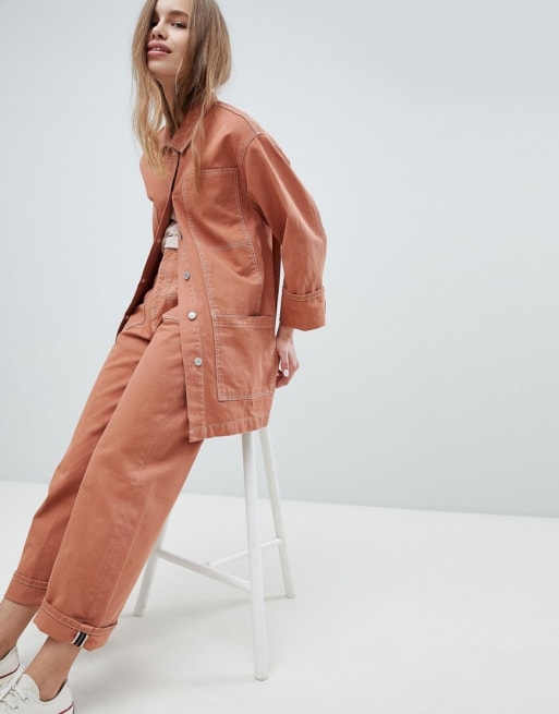 Pull&Bear denim jacket & wide leg jeans in terracota two-piece
