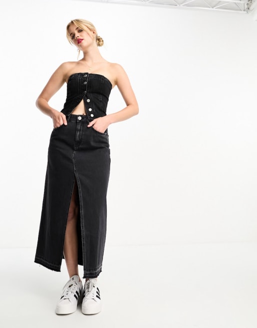 Pull&Bear denim midi skirt and bandeau set in black denim | ASOS