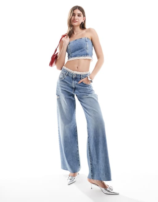 Pull&Bear - Ensemble corset en denim avec bords en dentelle et jean - Bleu moyen