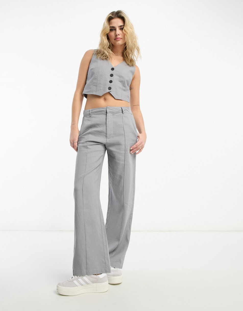 Pull&Bear high waisted linen waistcoat and trousers co-ord in brushed grey