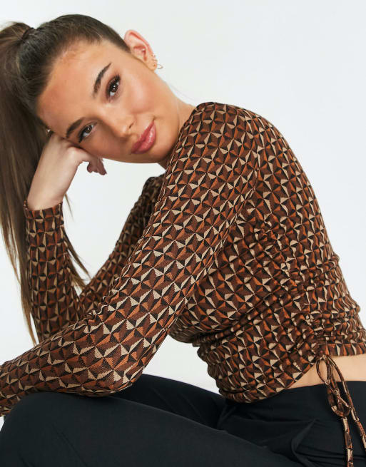 Pull&Bear jacquard ruched top and skirt set in brown