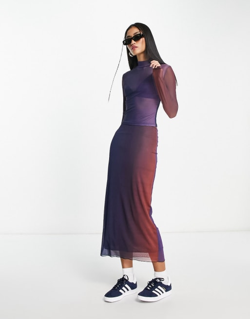 Pull&Bear mesh top and midi skirt co-ord in purple print - PURPLE