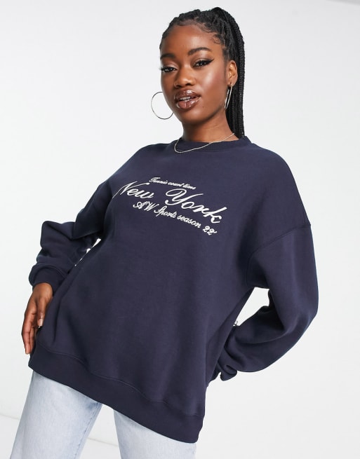 Pull&Bear oversized New York slogan sweatpants and hoodie set in navy blue - MBL