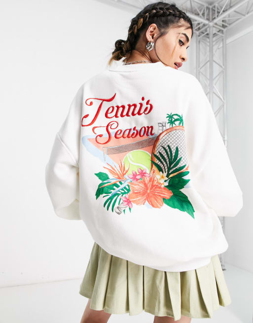 Pull&Bear oversized sweatshirt and short co-ord with tennis graphic in white
