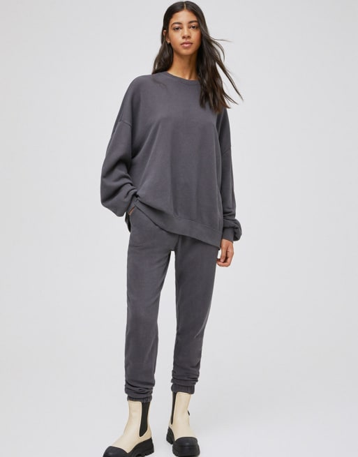 Pull&Bear oversized sweatshirt and sweatpants set in dark gray