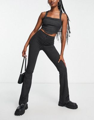 Pull&Bear pinstripe cropped corset top and pants set in black | ASOS
