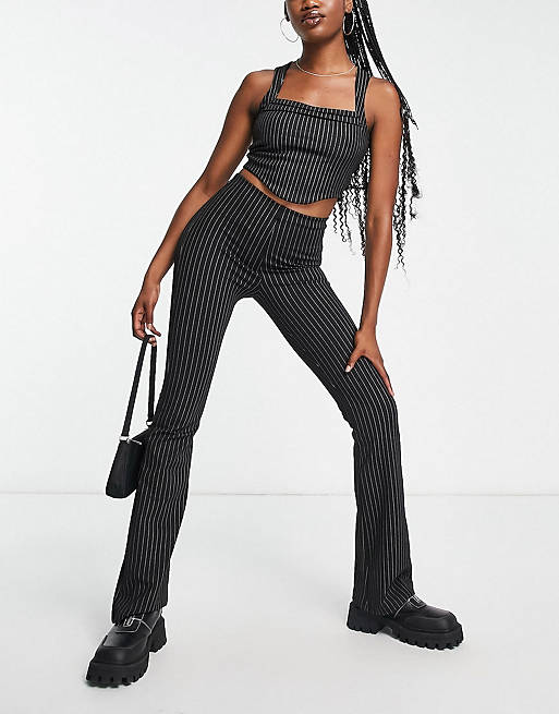 Pull&Bear pinstripe cropped corset top and pants set in black