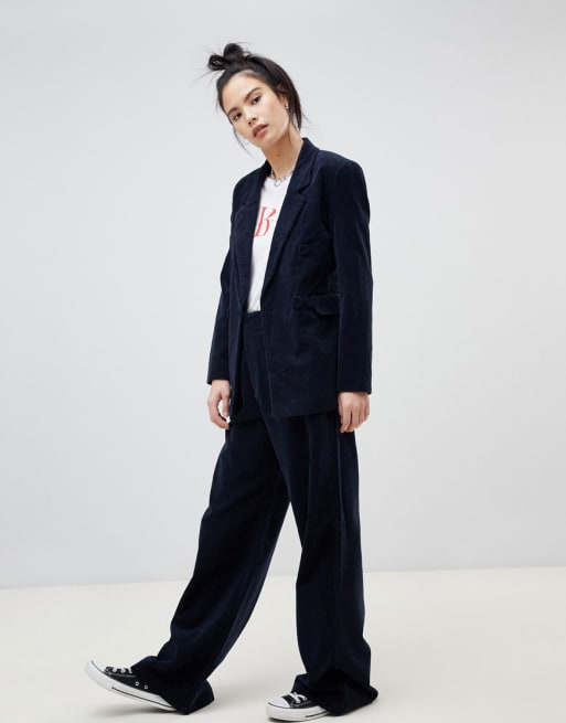 Pull&Bear – Set i manchester med dubbelknäppt kavaj och utsvängda byxor