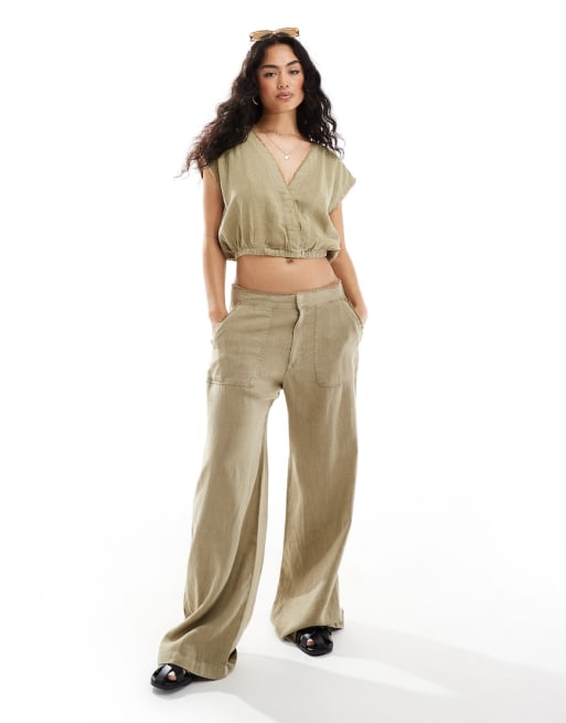 Pull&Bear – Set mit kurzem Oberteil und Hose aus Leinen in hellem Khaki