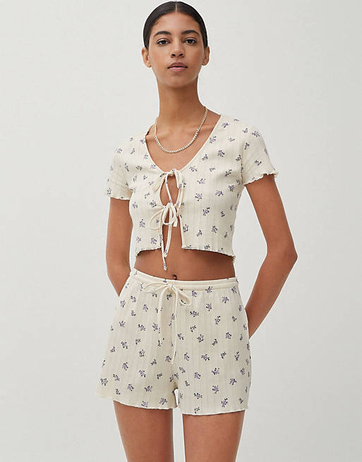 Pull&Bear tie front floral cardigan with lettuce edge and shorts in ecru