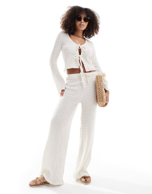 Pull&Bear waffle texture tie front top and trouser co-ord in ecru