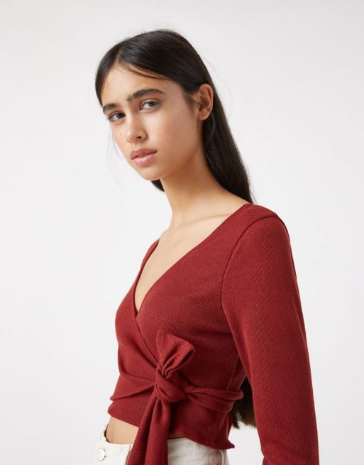 Pull&Bear - Zachte ballerina-overslagtop en legging in roestbruin, co-ord set
