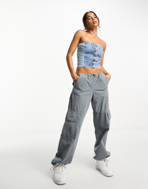 Pull&Bear – Zweifarbiges Set aus Korsett und weit geschnittener Jeans in kontrastierendem Blau