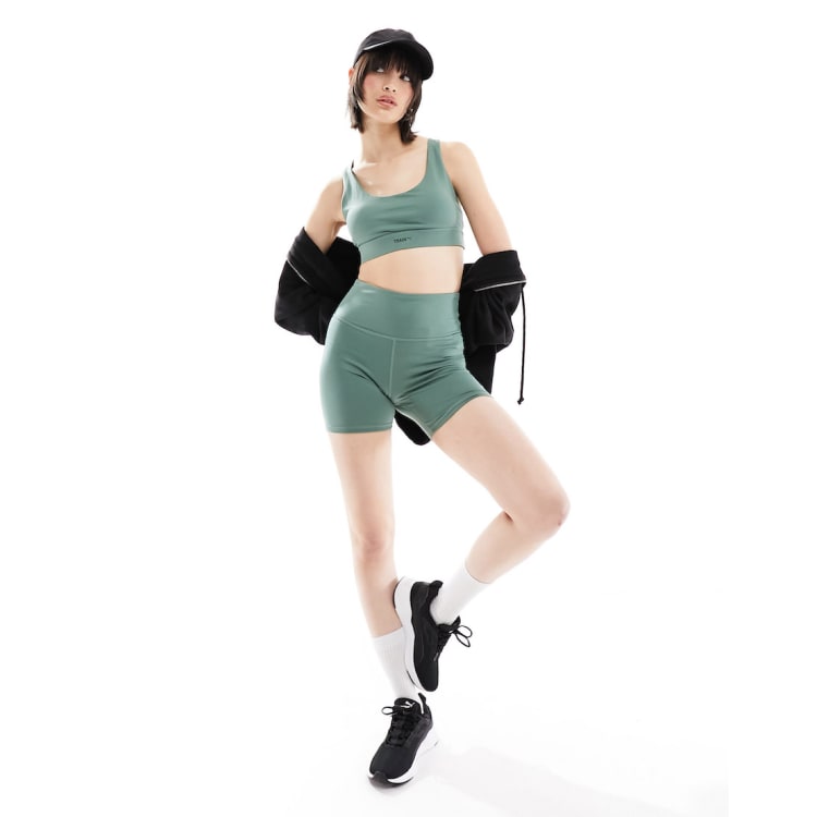 Puma Training sports bra and legging shorts in sage green