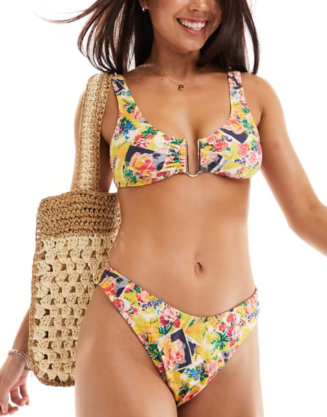 Reclaimed Vintage bikini co-ord in postcard print - view 1