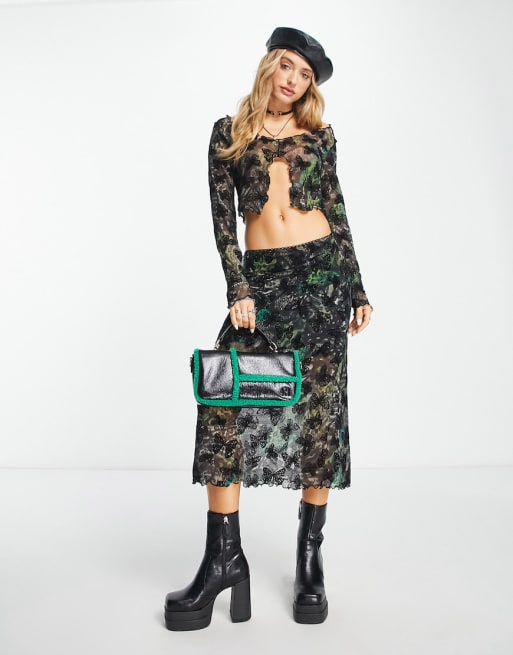 Reclaimed Vintage black mesh co-ord in grunge butterfly print
