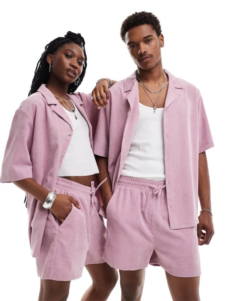 Reclaimed Vintage - Coordinato unisex a coste rosa con camicia e pantaloncini - view 1