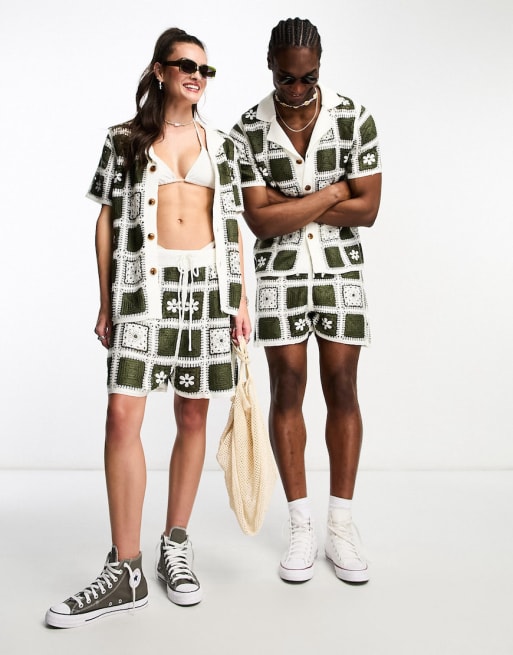 Reclaimed Vintage - Coordinato unisex in maglia patchwork kaki con camicia con colletto a rever