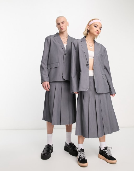 Reclaimed Vintage - Genderless - Co-ord set van rechte blazer en geplooide midi rok in grijs