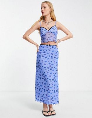 Reclaimed Vintage inspired mesh midi skirt in blue rose print