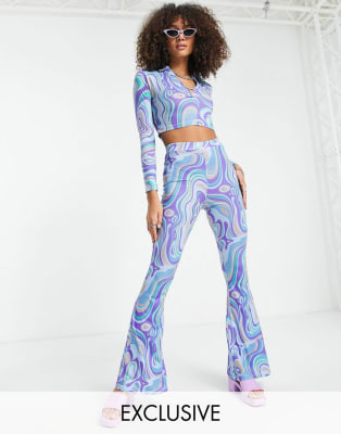 Reclaimed Vintage - Inspired - Co-ord set van jersey overhemd en flare-broek met golvende print