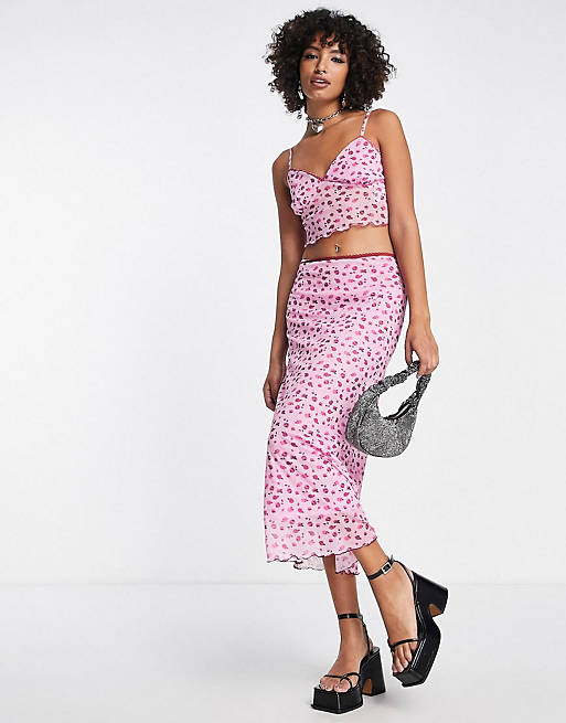 Reclaimed Vintage inspired ditsy print cami top and midi skirt set in pink