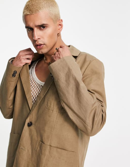 Reclaimed Vintage Inspired linen mix blazer and pants co ord in tan ASOS