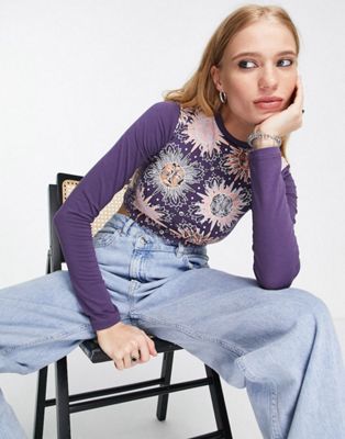 Reclaimed Vintage inspired long sleeve top with sun and moon print in purple