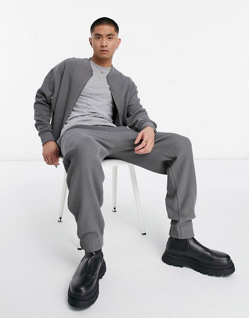 Reclaimed Vintage inspired waffle zip through sweat & jogger co-ord in charcoal