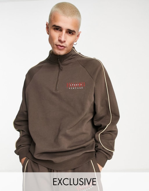 Reclaimed Vintage Inspired zip up set with piping in brown