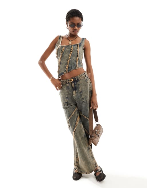 Reclaimed Vintage limited edition distressed denim corset top and jean co-ord