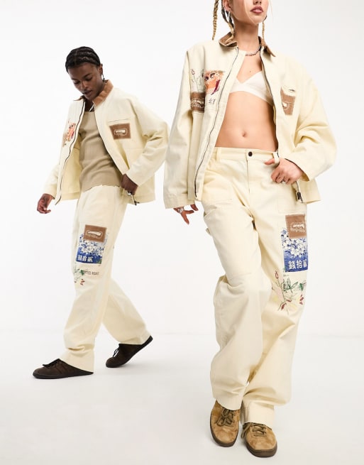Reclaimed Vintage – Limited Edition – Jeansowy zestaw unisex w kolorze ecru, z haftowanym wzorem