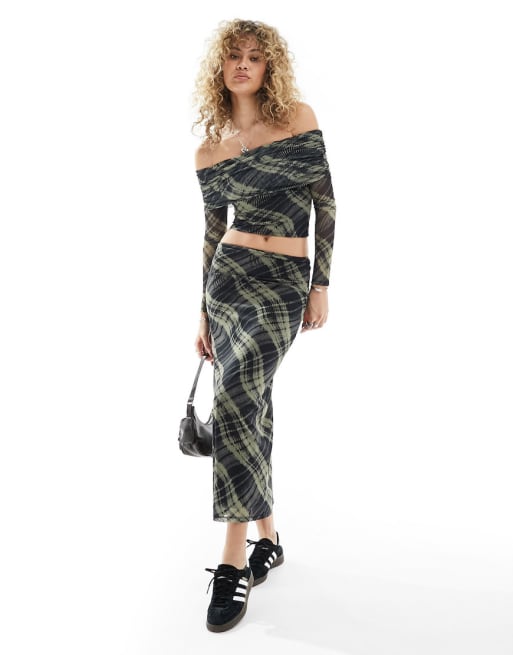 Reclaimed Vintage off the shoulder top and slip skirt set in plaid print mesh