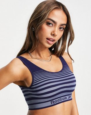 Reebok crop top bra in blue and slate stripe