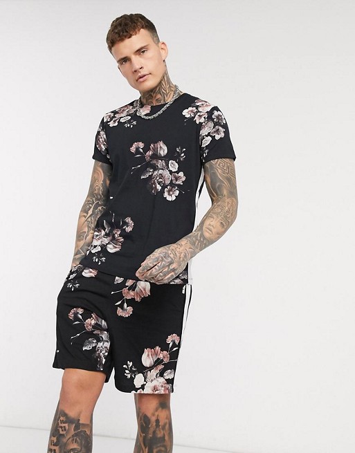 Religion all over floral print t-shirt and shorts co-ord in black