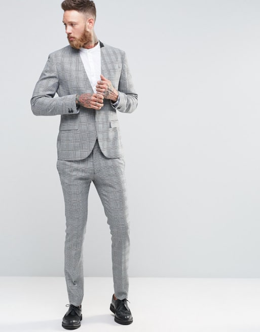 Religion Skinny Grey Collarless Suit In Prince of Wales Check