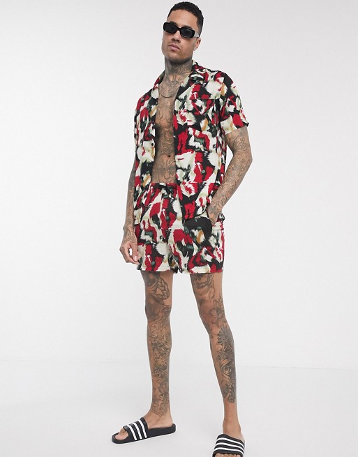 Religion Tall all over print shirt and swim shorts co-ord in red