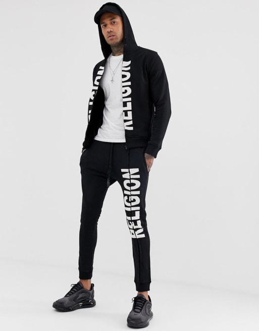 Religion zip tracksuit with logo print in black
