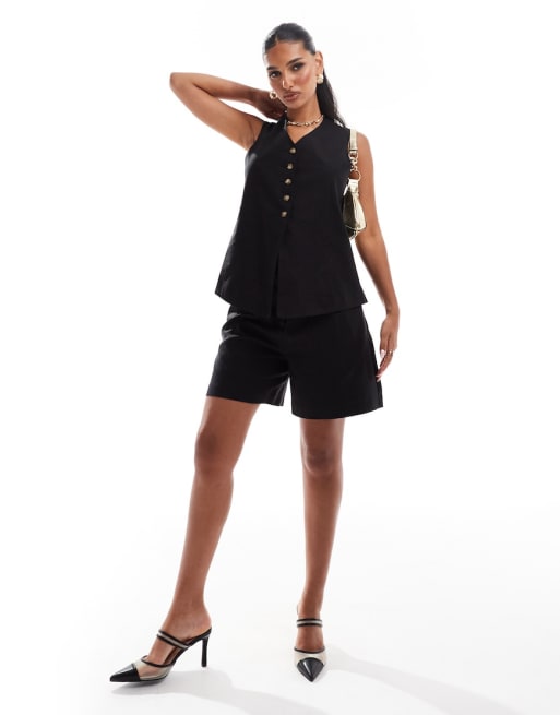 River Island bermuda linen short set in black
