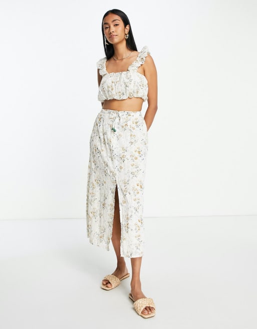 River Island broderie crop top and skirt set in light beige